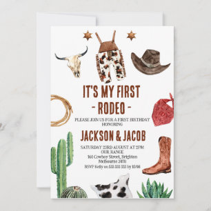 Twin Boys My First Rodeo Cowboy 1:a födelsedagen Inbjudningar