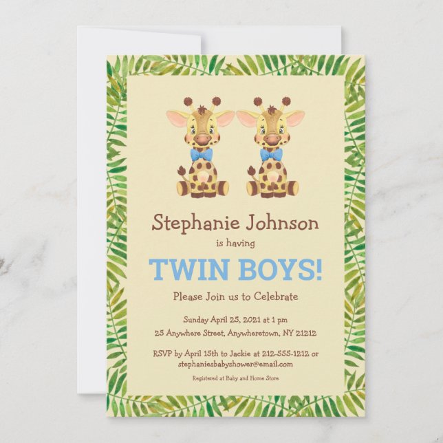 Twin Boys Safari Giraffe Cute Baby Shower Inbjudningar (Framsida)