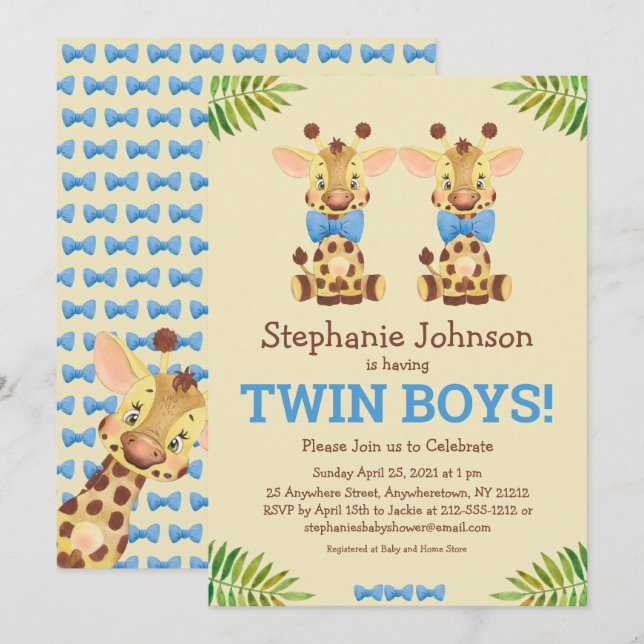 Twin Boys Safari Giraffe Cute Baby Shower Inbjudningar (Fram/baksida)
