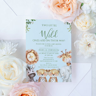 Twin Boys Safari Två små Vilder, en babyskor Inbjudningar