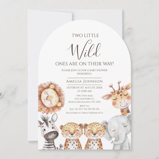 Twin Boys Safari Två små Vilder, en babyskor Inbjudningar (Framsida)