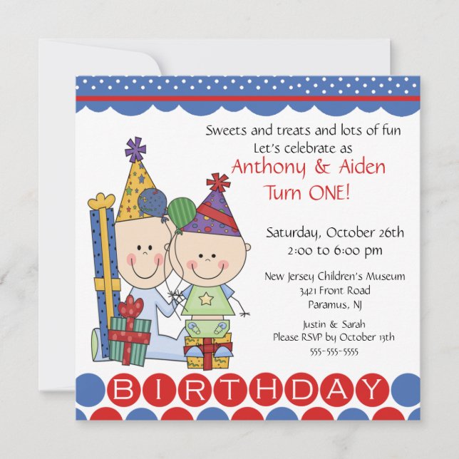 Twin Boys Stick figur Twillingars Birthday Inbjuda Inbjudningar (Framsida)