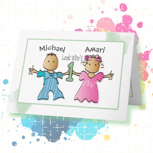 Twin Brown Girl and Boy Personlig 1:a födelsedagen Kort
