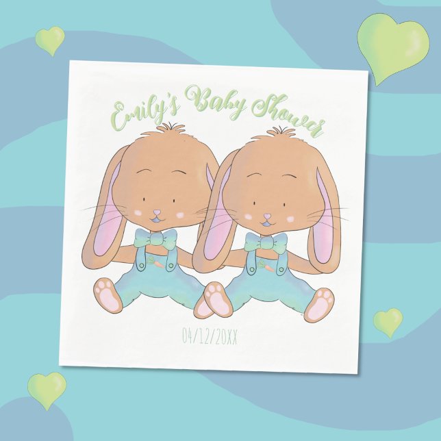 Twin Bunnies Baby Shower White Pappersservett (Twin bunnies spring baby shower paper napkins )