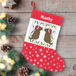 Twin Chocolate Labrador Santas Liten Julstrumpa<br><div class="desc">Twin Chocolate Labrador Santas Small jul Stocking for Chocolate Labrador Retriever Owners. Stollig och söt Labrador Retriever-Tecknad skapat av Naomi Ochiai från Japan. Två beundransvärda chokladarbetare tittar tillbaka med Santa Hats och Mustacher! Röda och snöflingor tillför festliga känslor.</div>