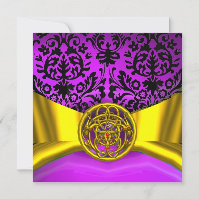 TWIN DRAGONS GULD LILA SVART DAMASK MONOGRAM INBJUDNINGAR (Framsida)