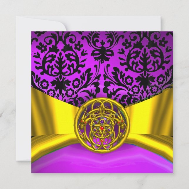TWIN DRAGONS GULD LILA SVART DAMASTE MONOGRAM INBJUDNINGAR (Framsida)