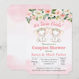 TWIN Elefant Blommig Baby Shower Inbjudan