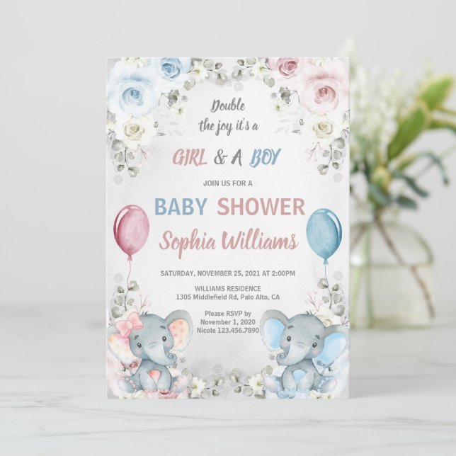 Twin Elephant Baby Shower Boy & Girl Twillingars Inbjudningar (Stående Fram)