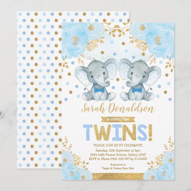 Twin Elephant Boys Little Baby Shower Inbjudningar (Fram/baksida)