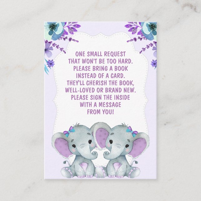 Twin Elephants Bok Request Girl Baby ShowerPurple Tilläggskort (Framsida)
