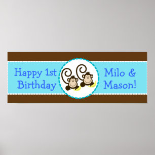 TWIN-Fånigets apor Personlig Birthday Banner Poster