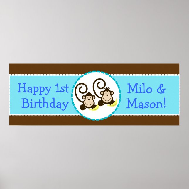 TWIN-Fånigets apor Personlig Birthday Banner Poster (Framsidan)