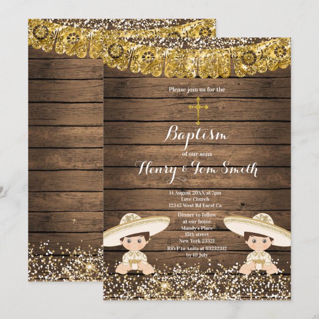 Twin Fiesta Boy Twin Baptism Christening Wood Inbjudningar (Fram/baksida)