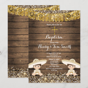 Twin Fiesta Boy Twin Baptism Christening Wood Inbjudningar