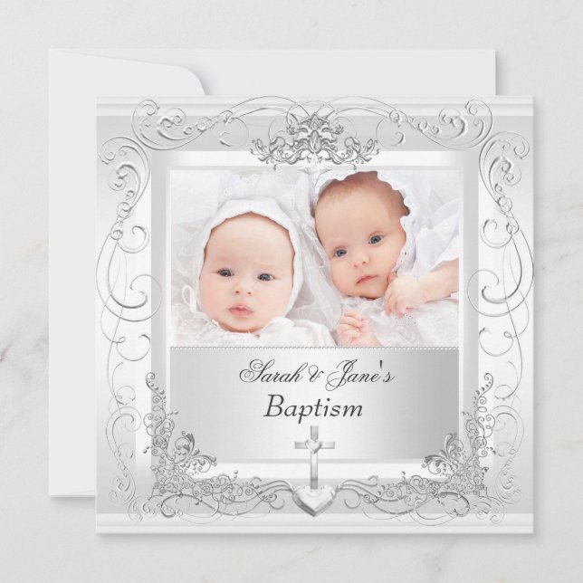 Twin Flicka Boy Christening Baptism White 2 Meddelande (Framsida)