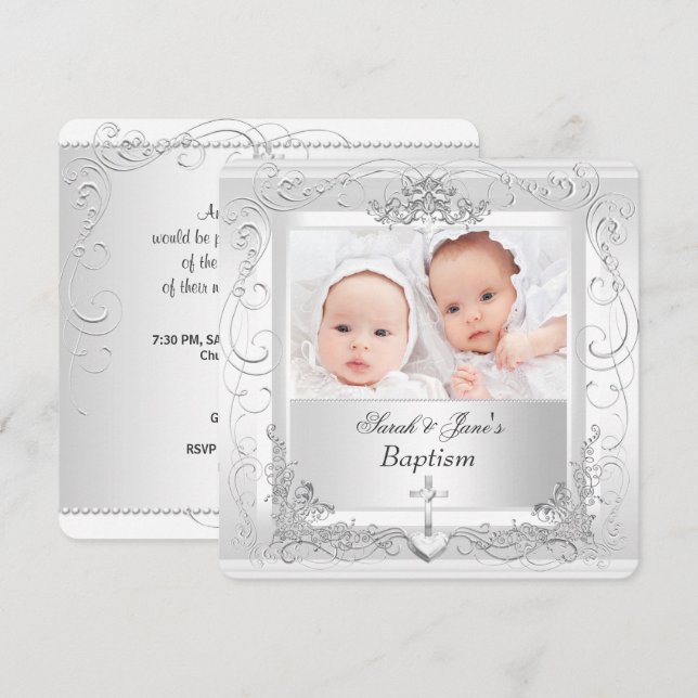 Twin Flicka Boy Christening Baptism White 2a Inbjudningar (Fram/baksida)