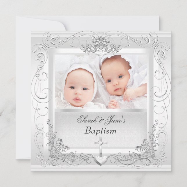 Twin Flicka Boy Christening Baptism White Meddelande (Framsida)