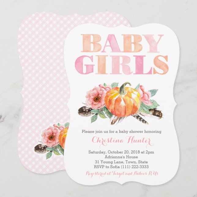 Twin Flicka Pumpkin Free Spirit Baby Shower Inbjudningar (Fram/baksida)