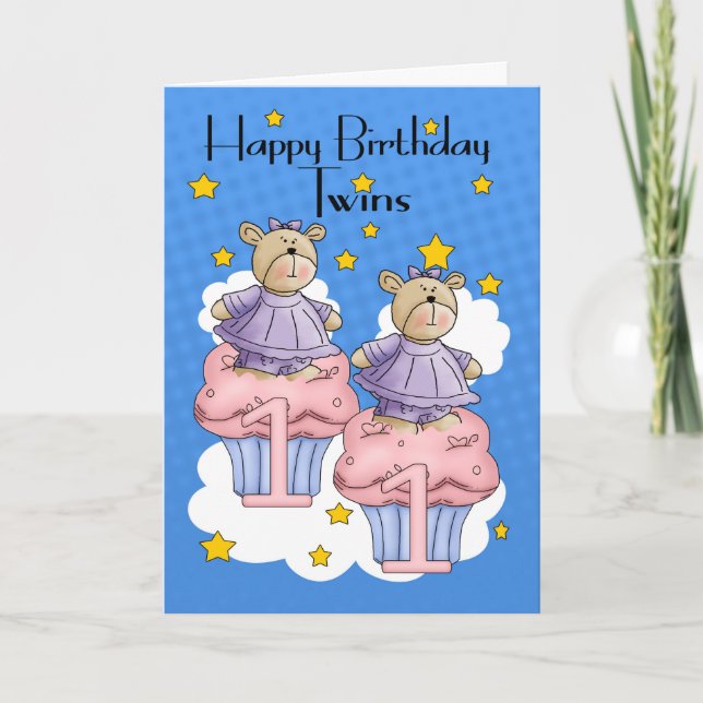 Twin Girl 1st Birthday Card, med cupkakor-björnar Kort (Framsida)