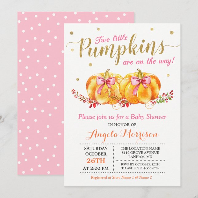 Twin Girl Baby Shower Cute Rosa Little Pumpkin Inbjudningar (Fram/baksida)