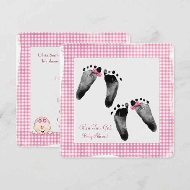 Twin Girl Baby Shower med fotavtryck Inbjudningar (Fram/baksida)