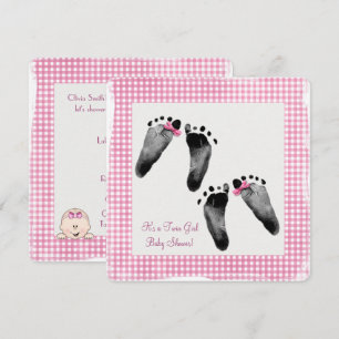 Twin Girl Baby Shower med fotavtryck Inbjudningar