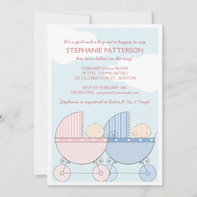 Twin Girl & Boy Carriage Lycklig Baby Shower Inbjudningar (Framsida)