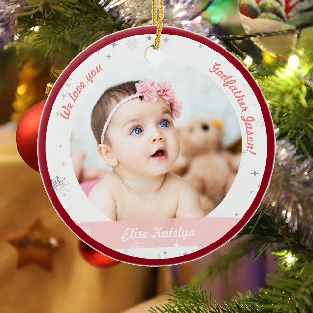 Twin Girl Boy Photo Godfather Första jul Baby Julgransprydnad Keramik (Modern Elegant Cute First Christmas Baby Twins Girl Boy We love you Godfather Snowflakes Stars Red)