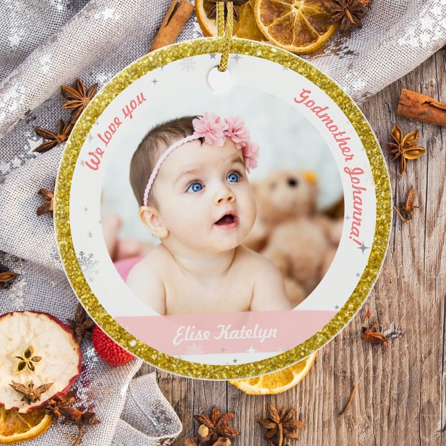 Twin Girl Boy Photo Godmor Första jul Baby Julgransprydnad Keramik (Modern Elegant First Christmas Baby Twin Girl Boy We love you Godmother 2 Photos Snowflakes Golden )