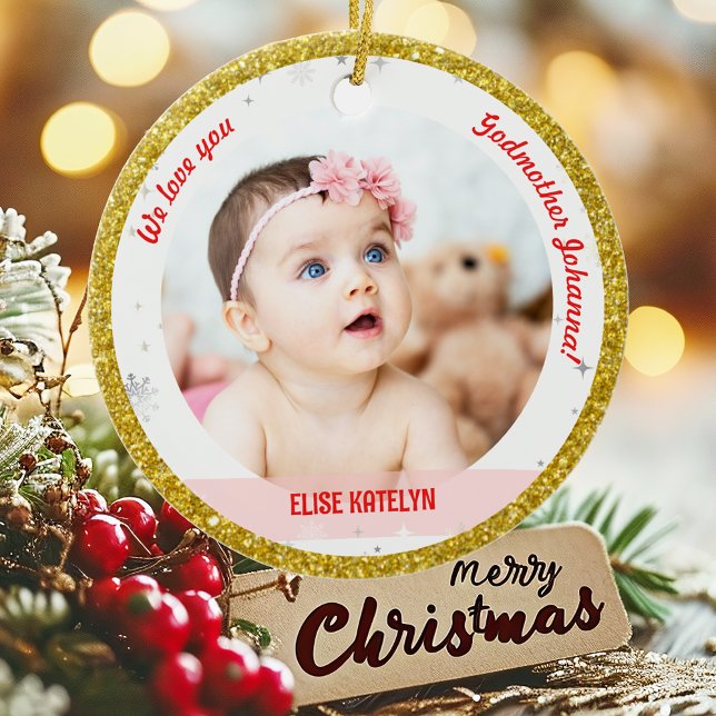 Twin Girl Boy Photo Godmor Första jul Baby Julgransprydnad Keramik (Modern Elegant Cute We love you, Godmother 1st Christmas Twins Girl Boy 2 Photos Golden Faux Glitter)