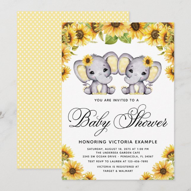 Twin Girl Elephant SunblommBaby Shower Inbjudningar (Fram/baksida)