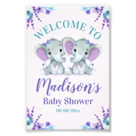 Twin Girl Elephant Welcome Sign Girl Shower Blommi Fototryck