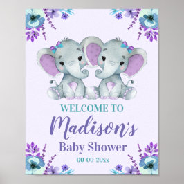Twin Girl Elephant Welcome Sign Girl Shower Blommi Poster