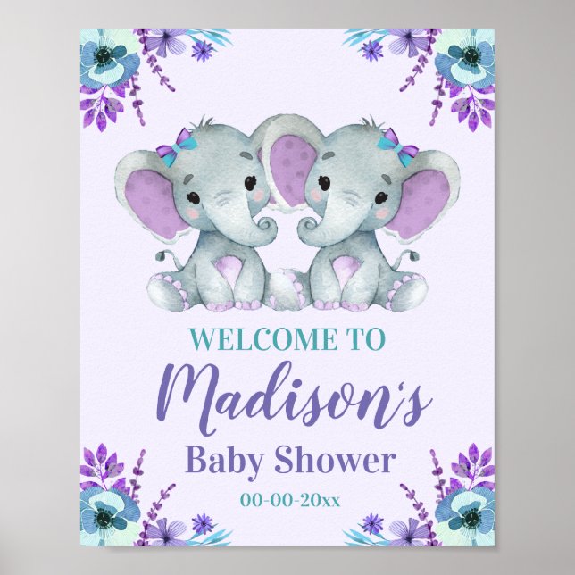 Twin Girl Elephant Welcome Sign Girl Shower Blommi Poster (Framsidan)