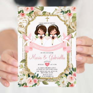 Twin Girl Flowers First Heliga Communion Guld Inbjudningar