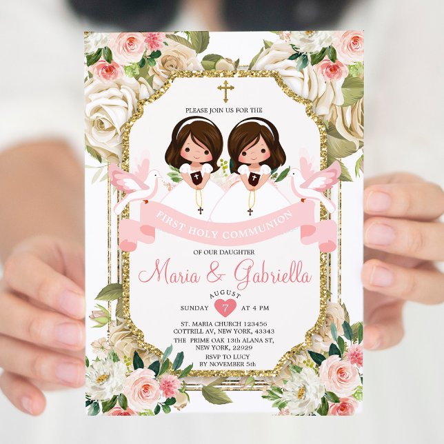 Twin Girl Flowers First Heliga Communion Guld Inbjudningar (Skapare uppladdad)