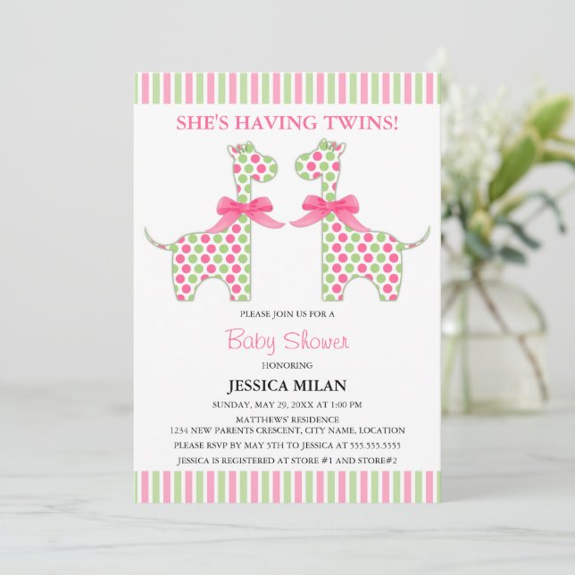 Twin Girl Giraffe Baby Shower Inbjudningar (Stående Fram)