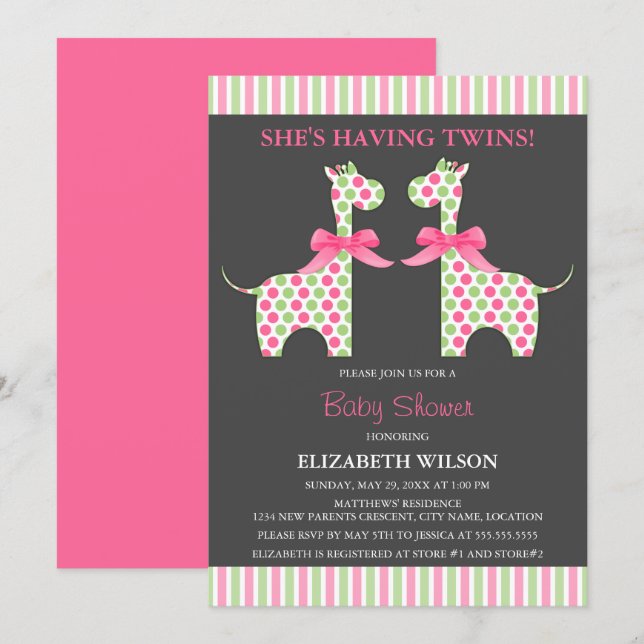 Twin Girl Giraffe Baby Shower Inbjudningar (Fram/baksida)