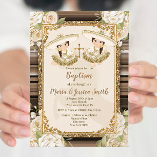 Twin Girl Mexican Baptism Fiesta Blommigt Inbjudningar