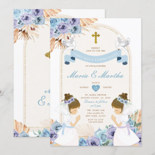 TWIN Girl Praying First Heliga Communion Blue Blom Inbjudningar