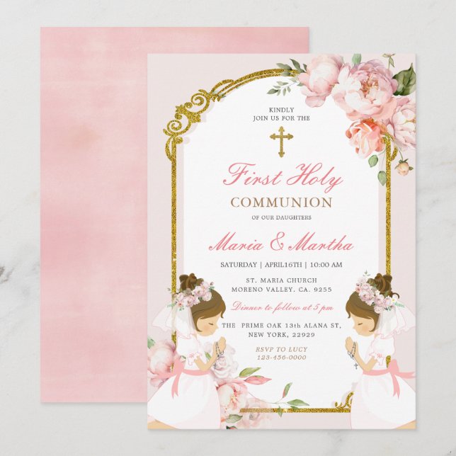 TWIN Girl Praying First Heliga Communion Rosa Blom Inbjudningar (Fram/baksida)