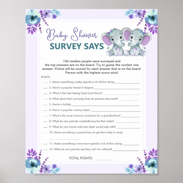 Twin Girl Survey säger Baby Shower Game Lila Teal Poster (Framsidan)