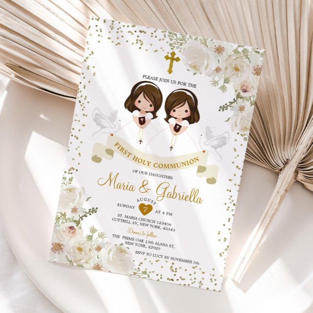 Twin Girl White Flower 1:a Heligan Communion Guld Inbjudningar (Skapare uppladdad)