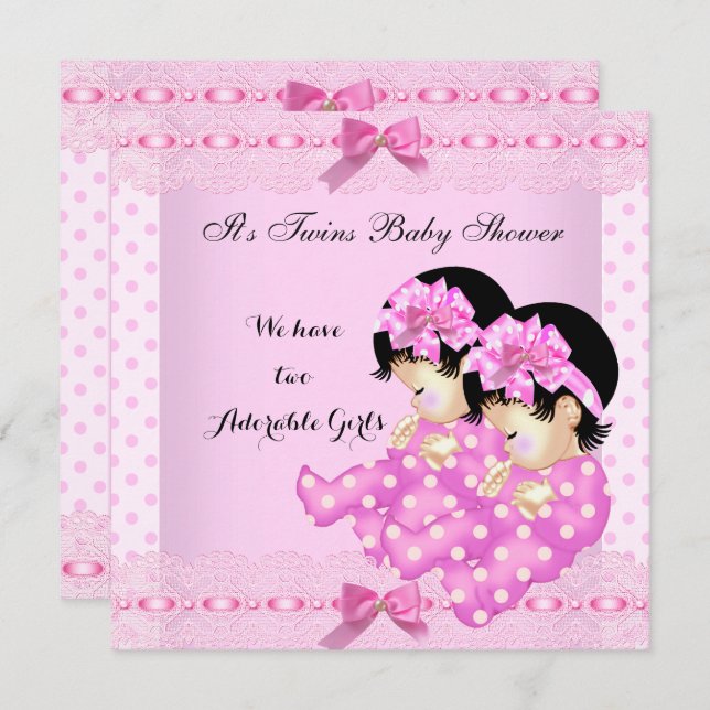 Twin Girls Baby Shower Rosa Polka dots Inbjudningar (Fram/baksida)