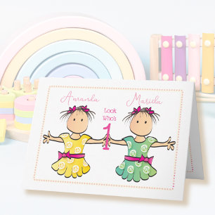 Twin Girls Brown Hair Cute Tecknad 1:a födelsedage Kort