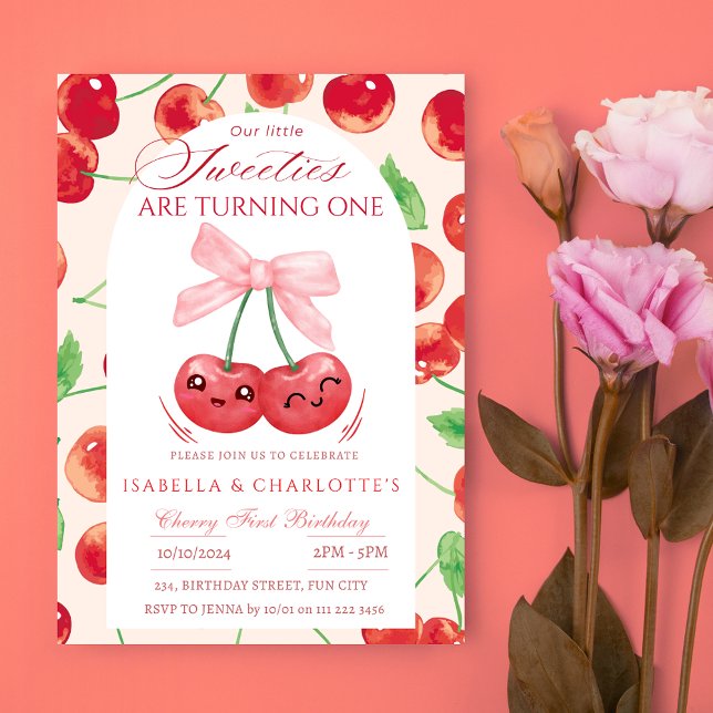 Twin Girls Cherry First 1st any age Birday Inbjudningar (Twin Girls Cherry First 1st Any Age Birthday Invitation)