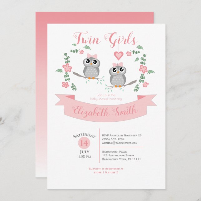 Twin Girls Cute owls babyshower Inbjudningar (Fram/baksida)