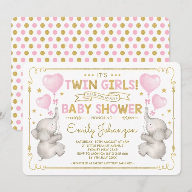 Twin Girls Elephant Baby Shower Rosa Guld Jungle Inbjudningar (Fram/baksida)