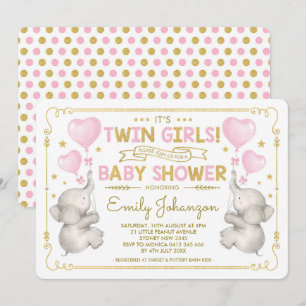Twin Girls Elephant Baby Shower Rosa Guld Jungle Inbjudningar